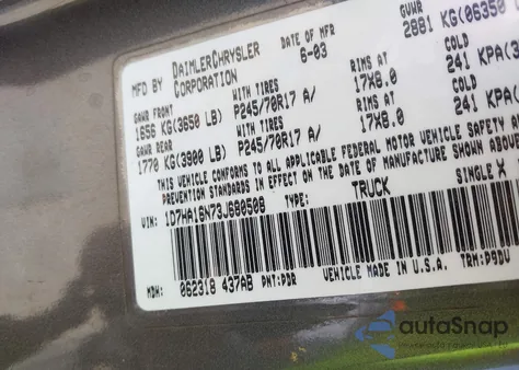 2003 Dodge Ram 1500 Slt/Laramie/St из США, поврежденный, VIN 1D7HA16N73J680508